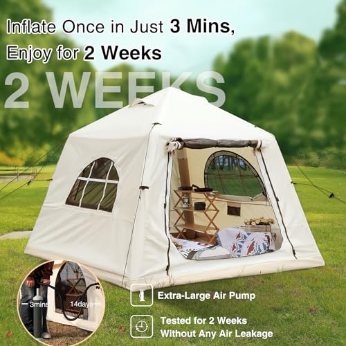 2025 Upgraded Waterproof Inflatable Camping Tent, Large Blow-Up Air Tent, No Assembly Needed Luxury Glamping House, Oxford Fabric