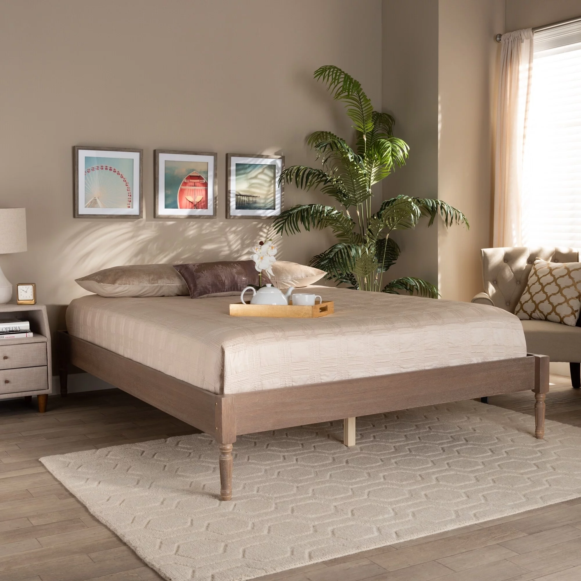 Baxton Studio Colette French Bohemian Wood Platform Bed Frame Antique oak Full