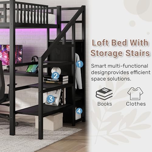 Loft Bed with Desk Queen Size, Gaming Loft Bed with LED Light for Adults, Heavy-duty Loft Beds Frame with Stairs & Wardrobe & Storage Shelves