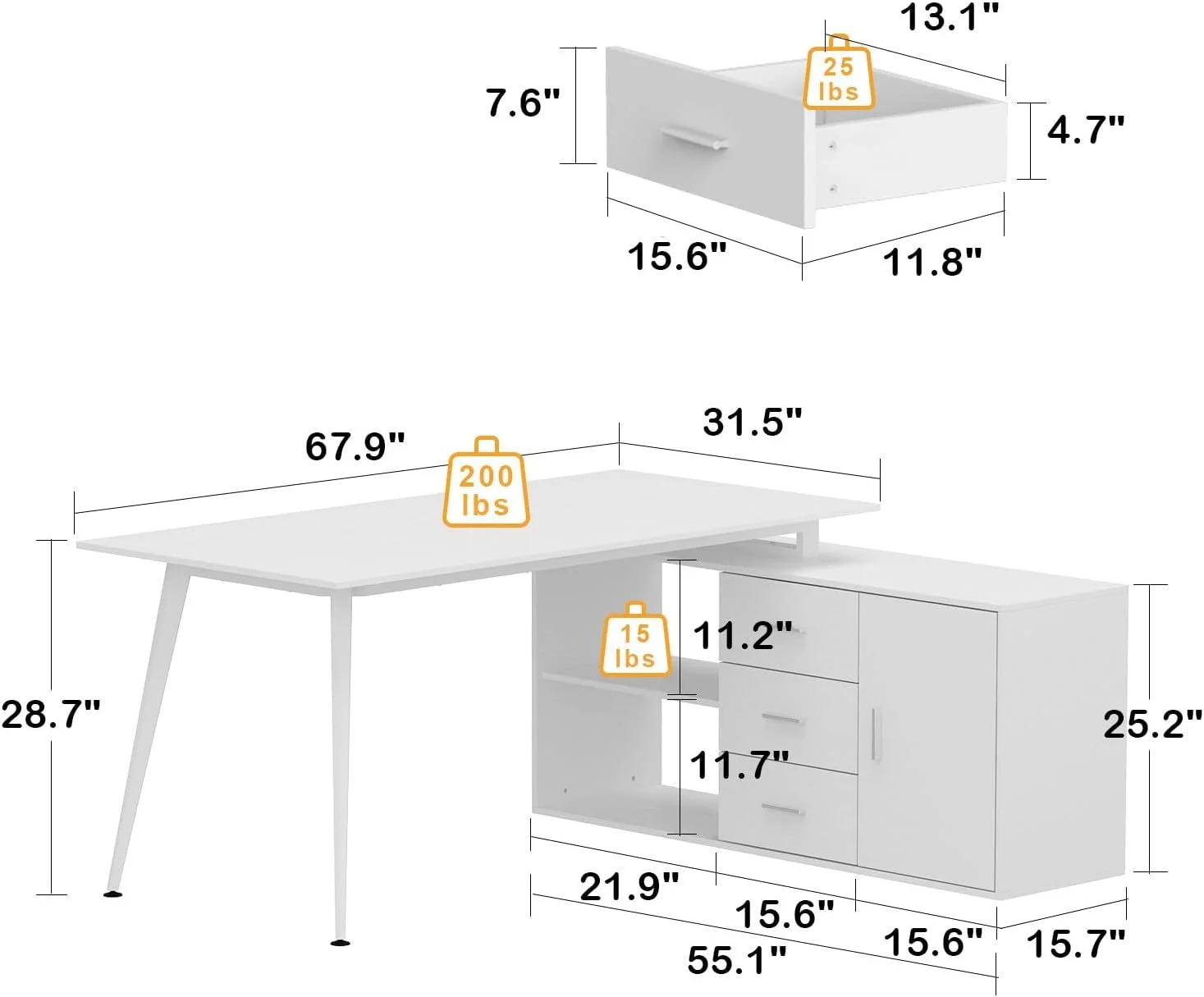 67.9” L-Shaped Desk Office Desk with Storage, Desk with 3 Drawers and Shelves, Corner Desk with Metal Legs