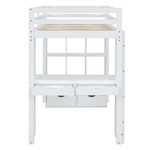 Full Size Loft Bed with Desk & Wardrobe, Solid Wood Kids Loft Bedframe w/3 Storage Drawers & 2 Shelves, Maximum Space Design, for Bedroom, Dorm, Gray