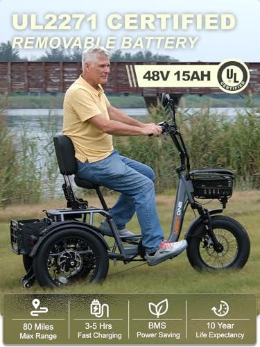 Breeze Folding Electric Tricycle for Adults, 1000W 48V 15AH, 18''×4'' Fat Tire Electric Trike, 20MPH 80Miles E-trike, 3 Wheel Electric Bike
