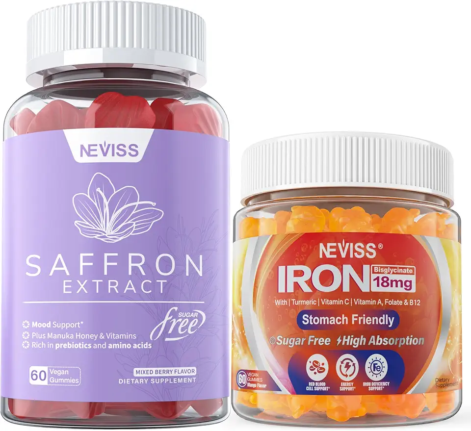 1Pack Saffron Supplement Gummies 100% Pure Saffron Extract Whole Herb Gummies + 2P Vegan Iron Gummies Supplement with Vitamin C, B12