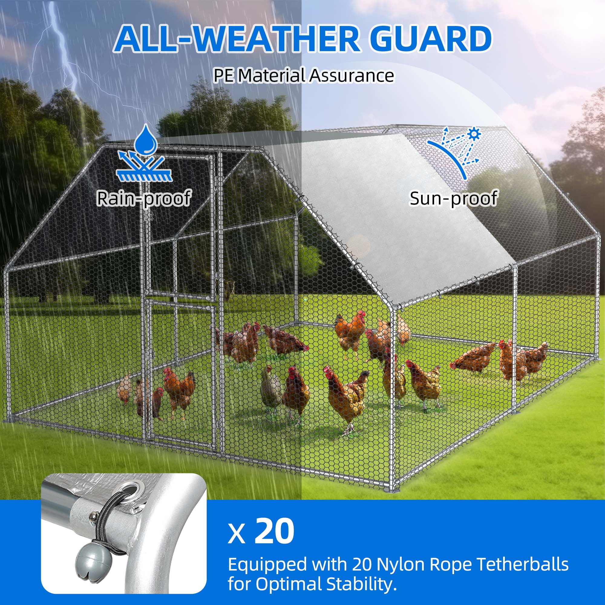 Dextrus Chicken Run Coop 13.1 x 9.8 x 6.4 ft Large Metal Chicken Coop Spire Shaped, Walk-in Hen Cage