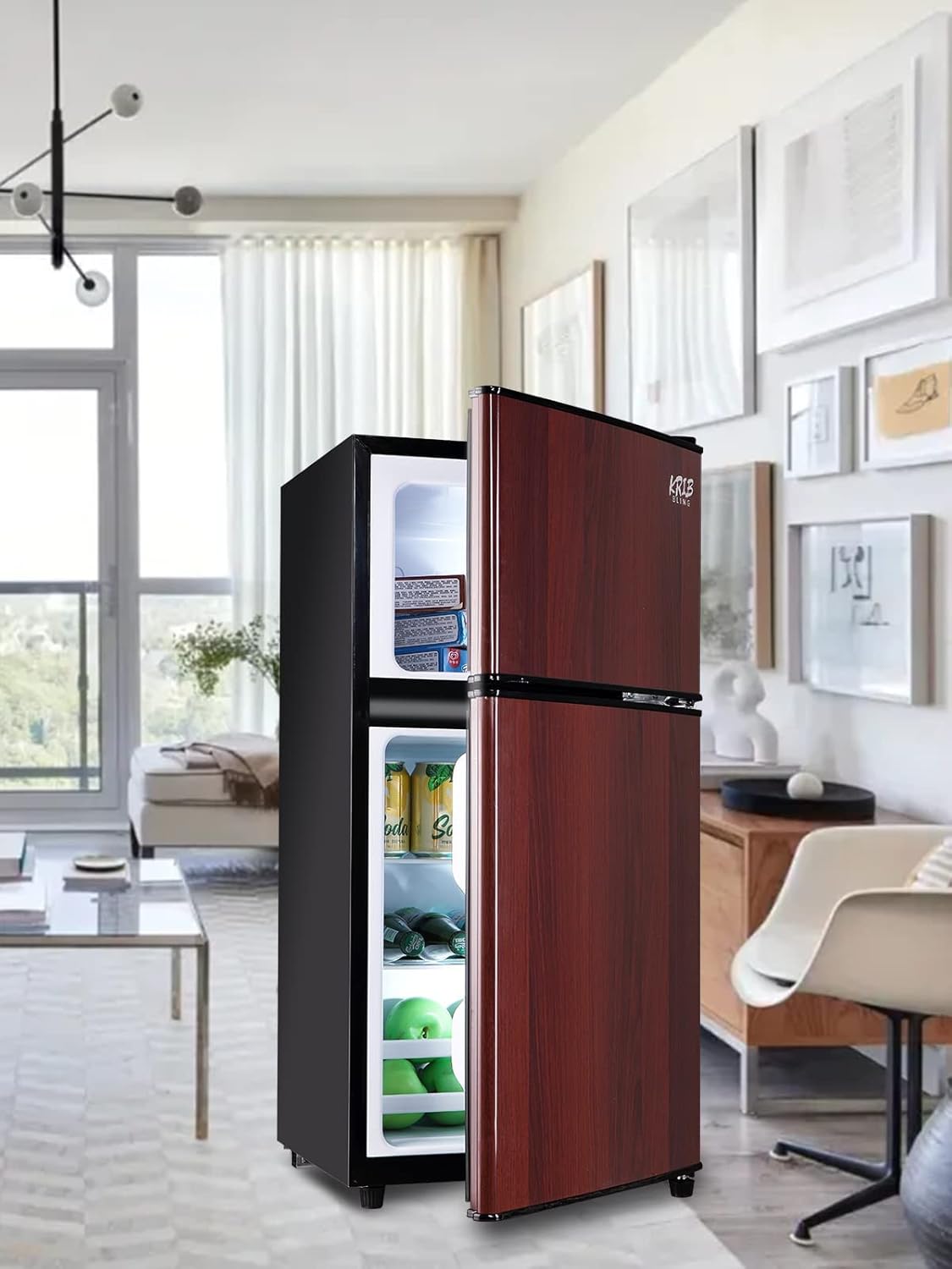 KRIB BLING Mini Fridge With Freezer,Compact Refrigerator With 2 Doors,7- Level Adjustable Thermostat, Removable Glass Shelves For Bedroom, Office