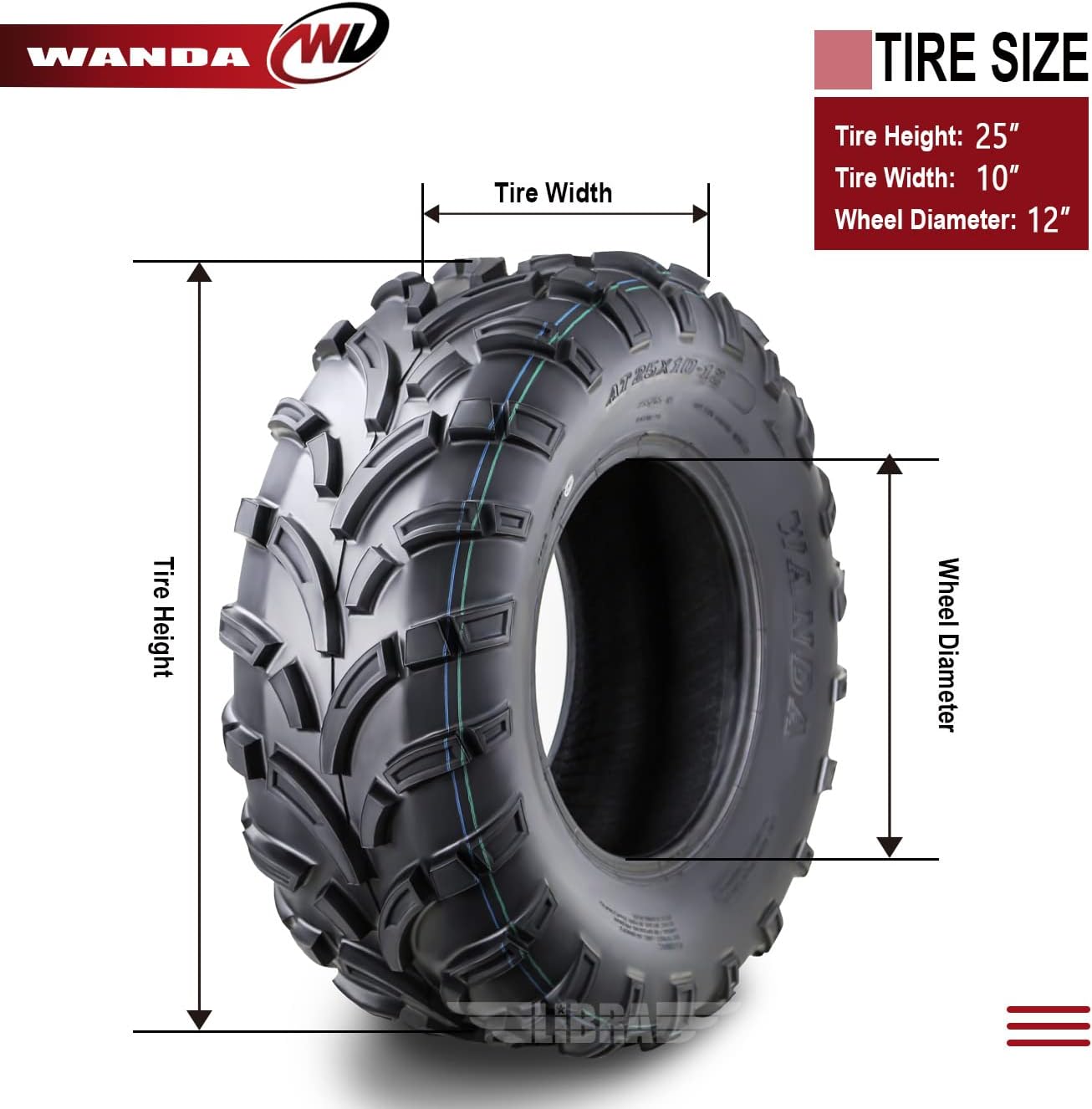 One New WANDA ATV/UTV Tire 25x10-12 25x10x12 /6PR High Load Capacity - 10204