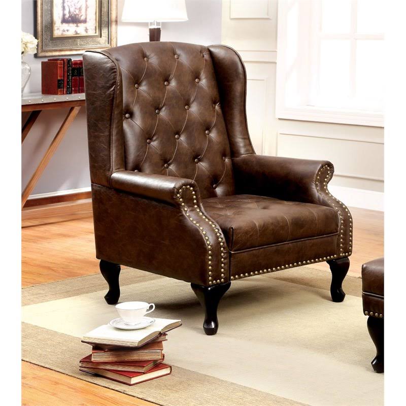 Furniture of America Ardell Faux Leather Tufted Accent Chair in Brown