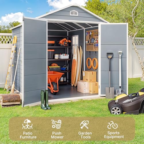 Gizoon 6x4 FT Outdoor Storage Shed with Floor, Resin Garden Tool Shed with Lockable Doors, Window, Vents, Reinforced Steel Frame
