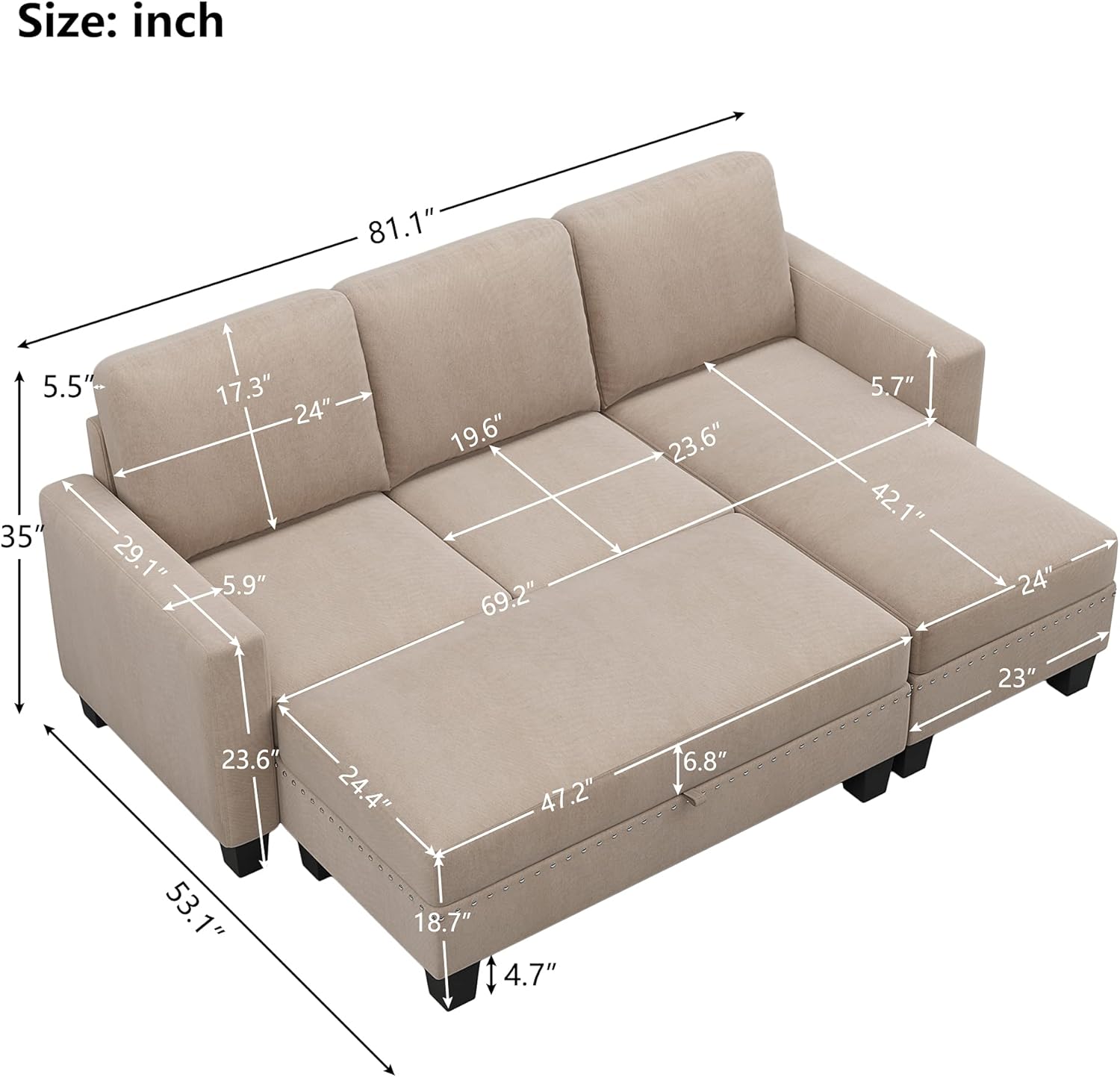 NicBex Fashion Reversible Sectional Couch with Storage Ottoman L-Shaped Sofa Modern Sectional Sofa with Chaise