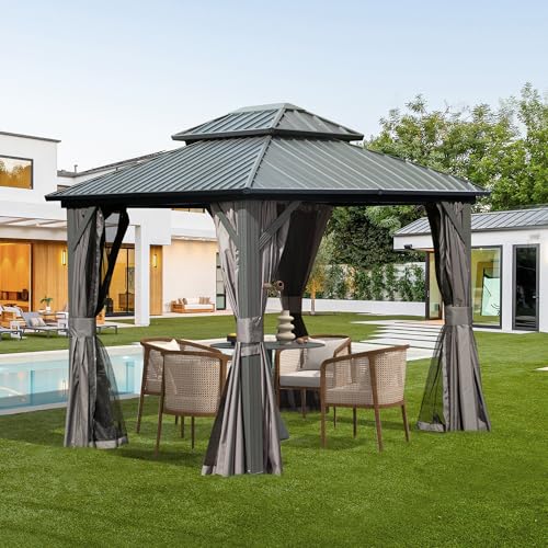 Domi 10' x 10' Hardtop Gazebo Outdoor Metal Gazebo with Galvanized Steel Double Roof Canopy, Curtains and Netting for Patio, Backyard, Deck