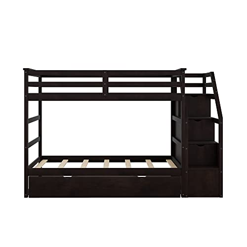 Harper & Bright Designs Twin Over Twin Bunk Bed with Trundle, Wood Bunk Bed with Storage Stairs for Kids Teens Adults (Walnut)