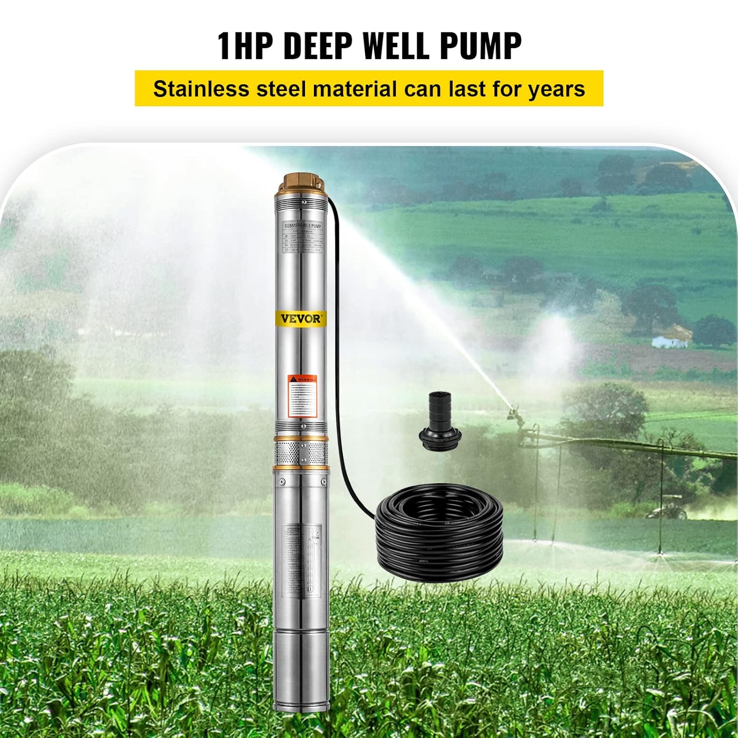 VEVOR Well Pump 1 HP Submersible Well Pump 33GPM Deep Well Pump 207ft Head with 9.8ft Cable Water Well Pumps Submersible Stainless Steel for