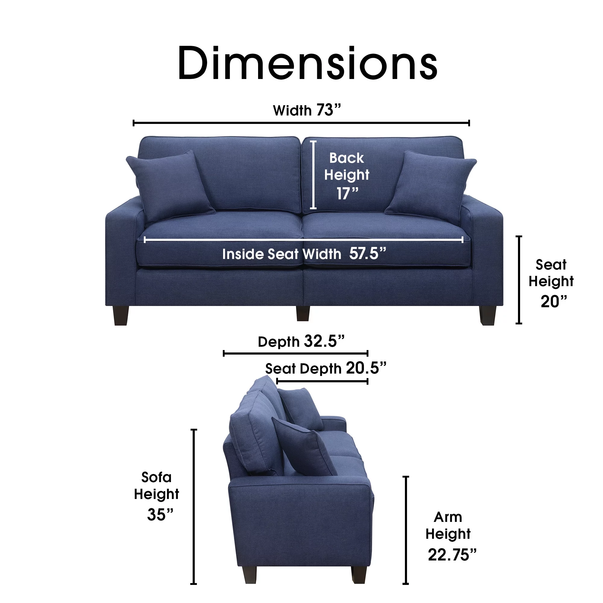 Serta Palisades Modern Track Arm 73-inch Sofa, Navy Blue Fabric