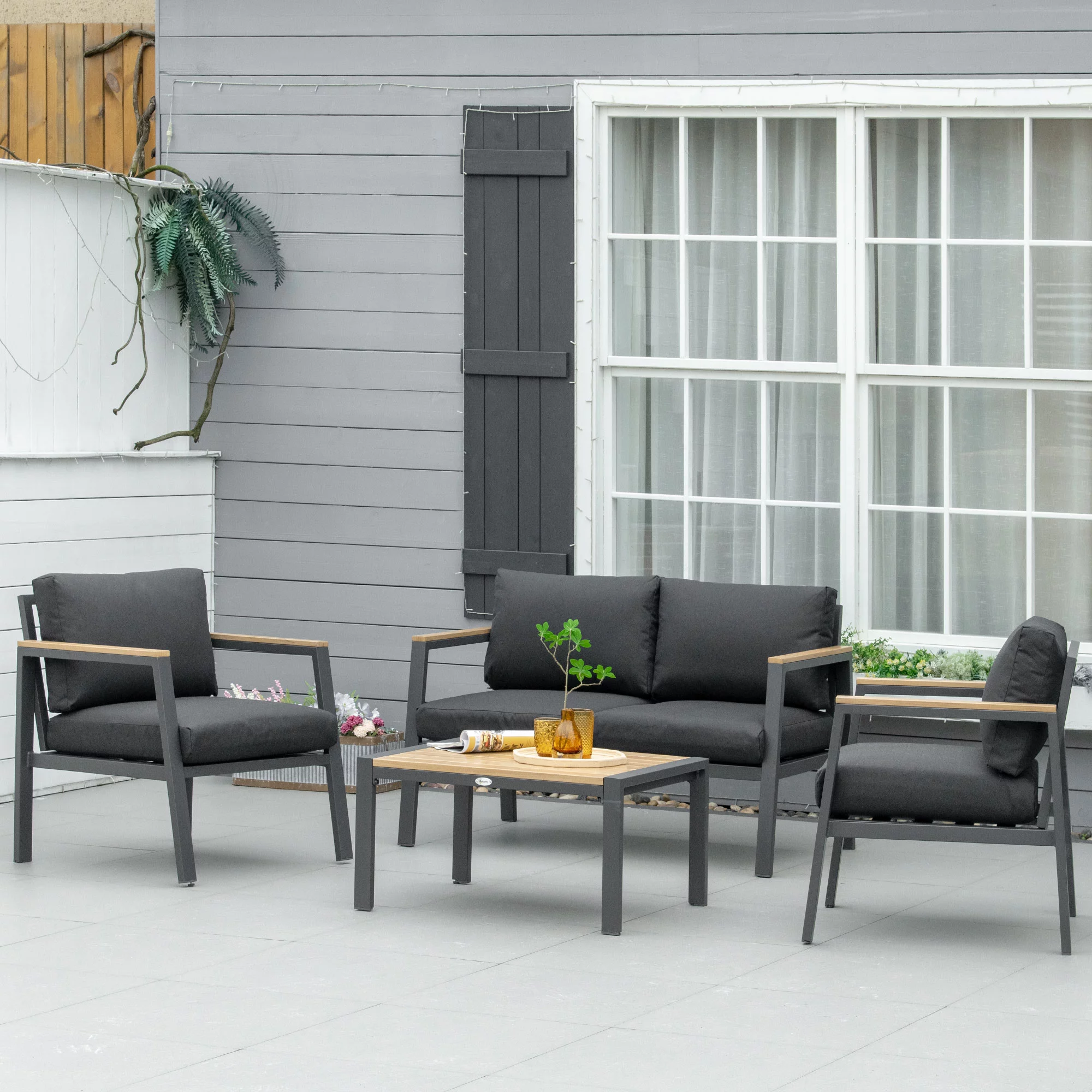 Outsunny 4 Piece Patio Furniture Set Aluminum Conversation Set Outdoor Garden Sofa Set w/ 2 Armchairs, Loveseat Sofa, Center Coffee Table