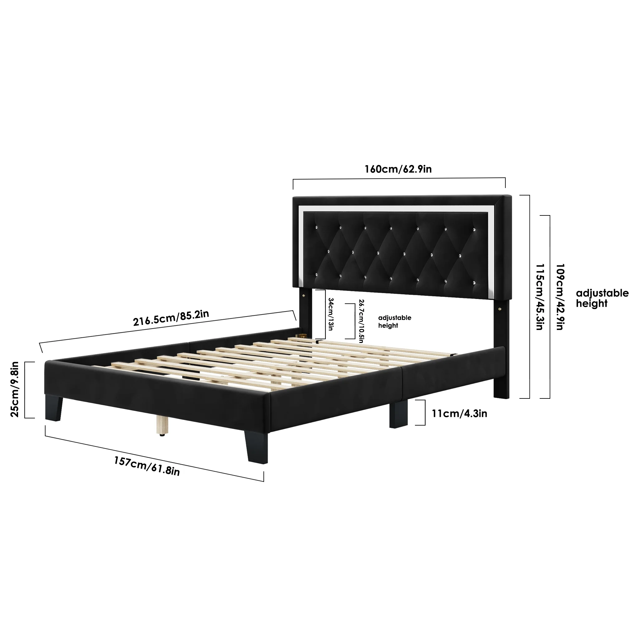 Homfa Queen Size Bed Frame with Adjustable Headboard, Diamond Tufted Upholstered Platform Bed, Black