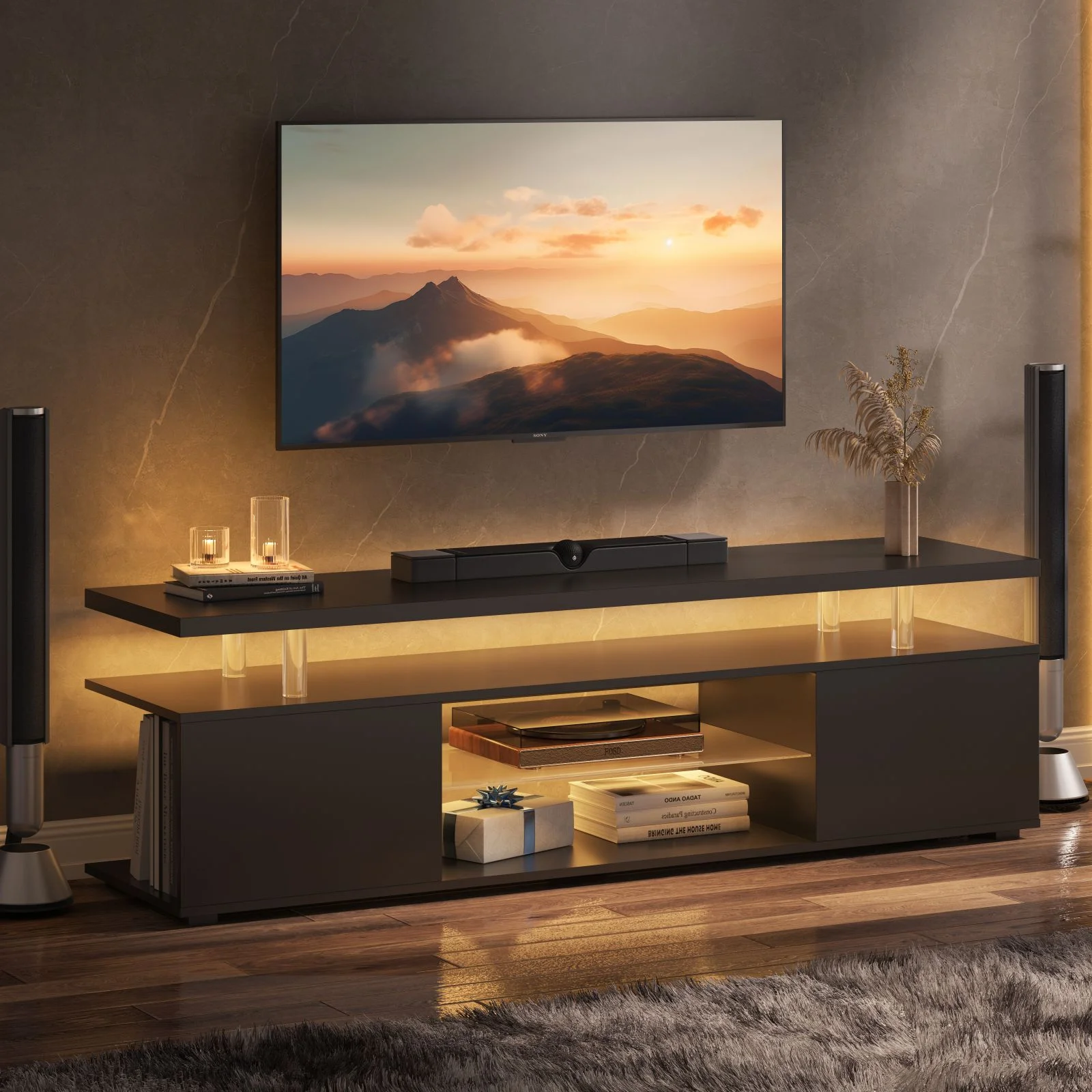 LED Entertainment Center with Glass Shelf，TV Stand for 60 Inch TV, Media TV Console with Over-sized Storage Space