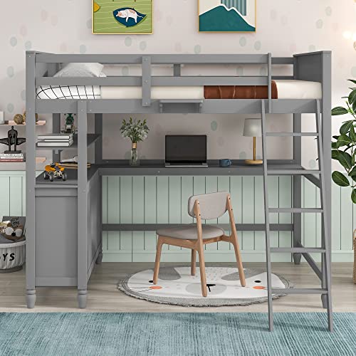 Harper & Bright Designs Full Loft Bed with Desk and Wardrobe,Solid Wood Loft Bed Frame Full with Storage Drawers for Kids Teens Adults