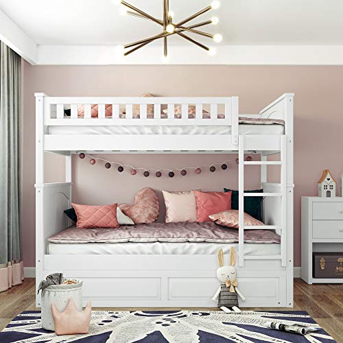 SOFTSEA Twin Over Full Bunk Bed with Slide, Solid Wood Bunk Beds with Stairs for Kids