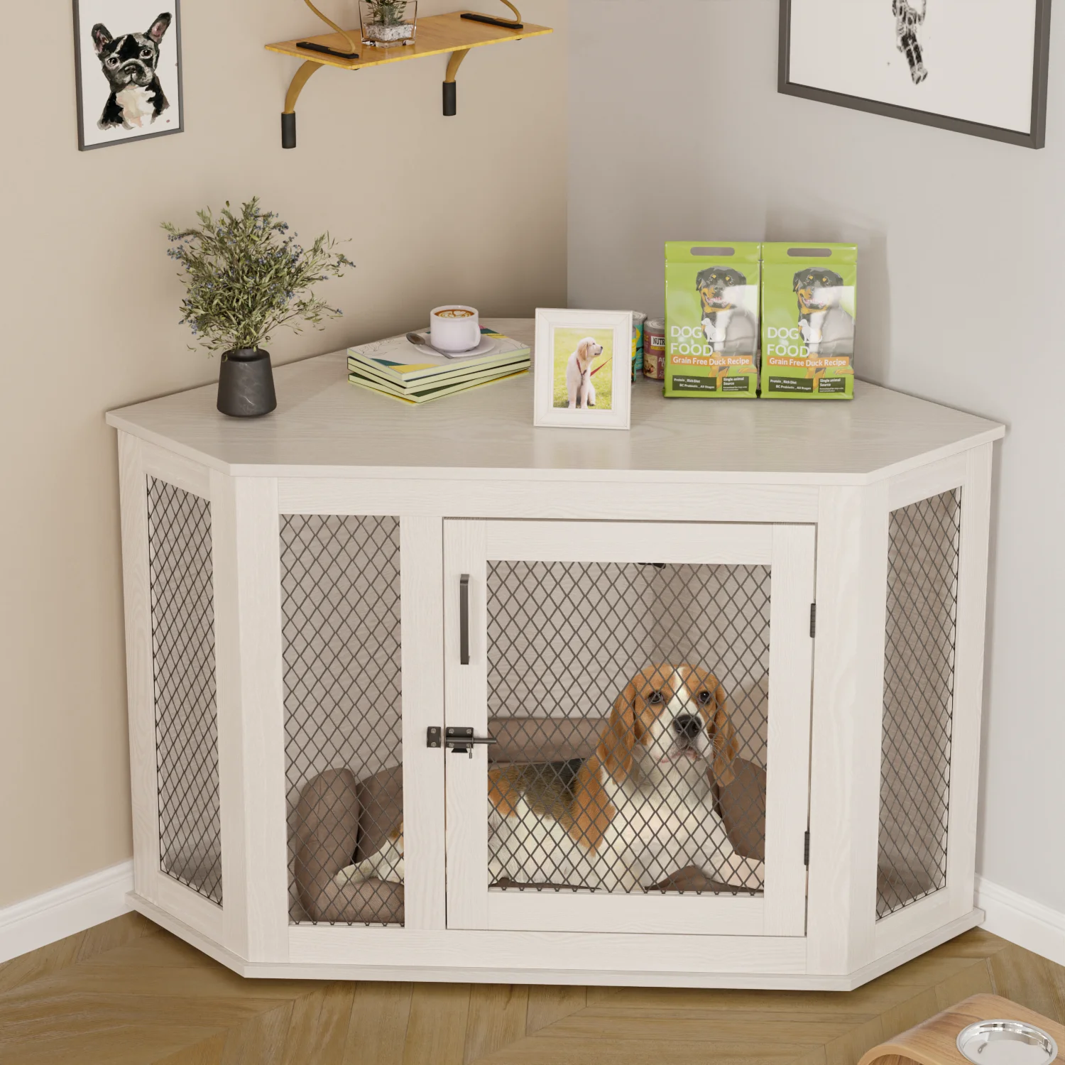 Bossin 44"Corner Dog Crate Furniture，Wooden Dog Kennel Indoor Furniture，Decorative Dog Crate