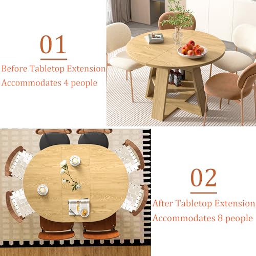 43.3in-59in Extendable Round Dining Table for 4-8,Modern Kitchen Oval Dining Table with Removable Leaves Space Saving