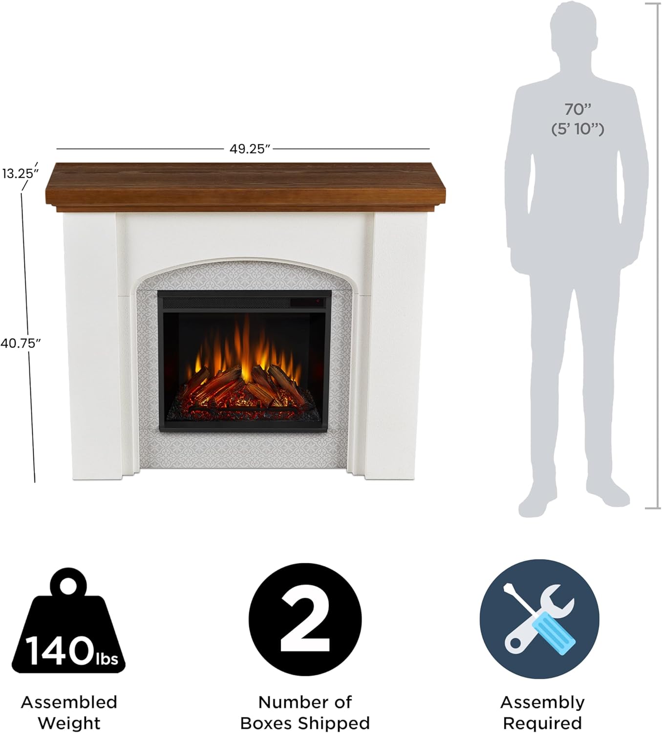 Real Flame Anika 49" Electric Fireplace with Mantel for Living Room or Bedroom, Replaceable Fireplace Insert Heater, Realistic Log and Flame Effect