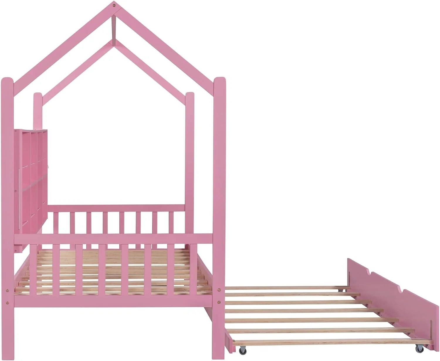 Wooden Twin Size House Bed with Trundle, Kids Bed with Storage Shelf, House Shaped Bed Platform Bed for Kids