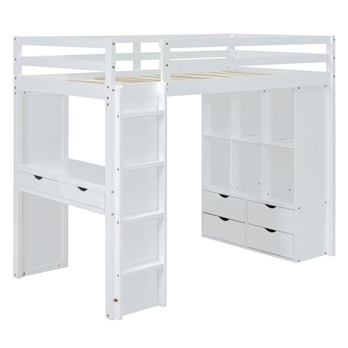 Full Size Loft Bed with Desk & Wardrobe, Solid Wood Kids Loft Bedframe w/3 Storage Drawers & 2 Shelves, Maximum Space Design, for Bedroom, Dorm, Gray