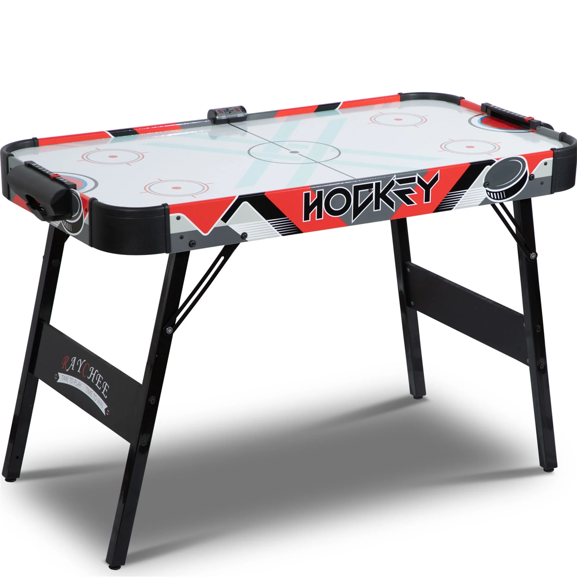 RayChee 48in Foldable Air Powered Hockey Table for Home Game Room w/ 2 Pucks, 2 Pushers, LED Scoreboard, 12V Motor (Oak)
