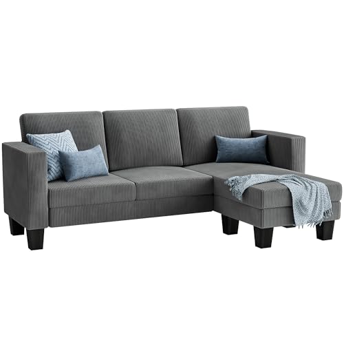 YESHOMY L-Shaped Convertible Sectional Sofa 3 Seater with Corduroy Fabric, Complete with Mobile Footrest, for Living Room, Apartment and Office, 70"