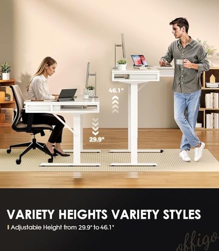 OffiGo 63 Inch L Shaped Electric Standing Desk with Drawers, Height Adjustable Large Desk with Power Outlets, Sit Stand Table