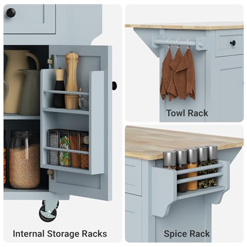 Rovibek Kitchen Island with Drawers 53 in Rolling Island Cart Mobile Solid Wood Portable Islands on Wheels with Storage Cabinet & Drawers, White