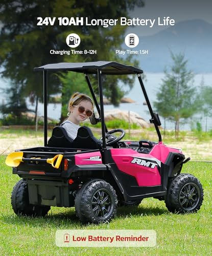 ELEMARA 24V Ride on Toy for Big Kid,Ride on Car 2 Seater w/Sun Shade,Dump Bed & Shovel,4.5MPH,4WD Electric Car for Kids,Battery Car w/Remote