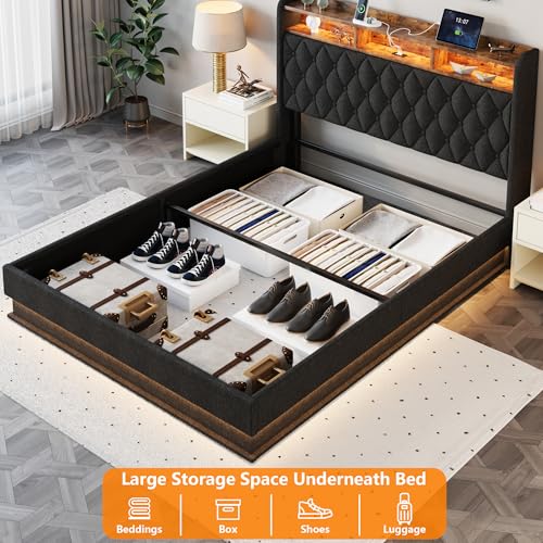 Queen Bed Frame with Storage - Lift Up Queen Size Bed Frame with Headboard, Upholstered Platform Bed with LED Lights & Charging Station