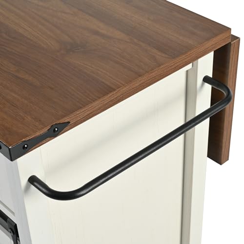 Kitchen Island Cart With Power Outlet, 2 Doors, Drop Leaf, Spice Rack, 2 Drawers - Rolling Storage Cart on Wheels for Home and Dining Room - White