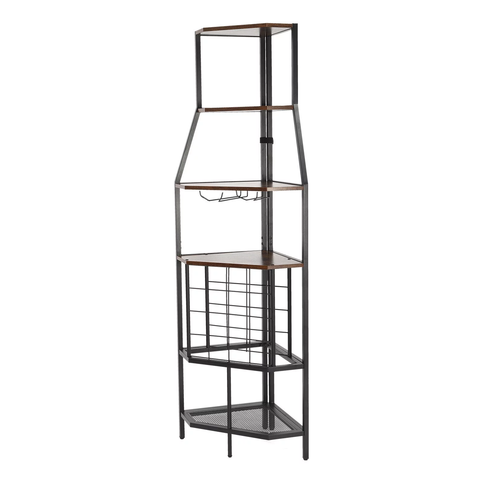 5-Tier Corner Wine Rack W/Glass Holder+Storage Shelf Industrial Corner Bar Shelf Triangle Corner Shelf (Brown/Gray) - Curated Treasures Market
