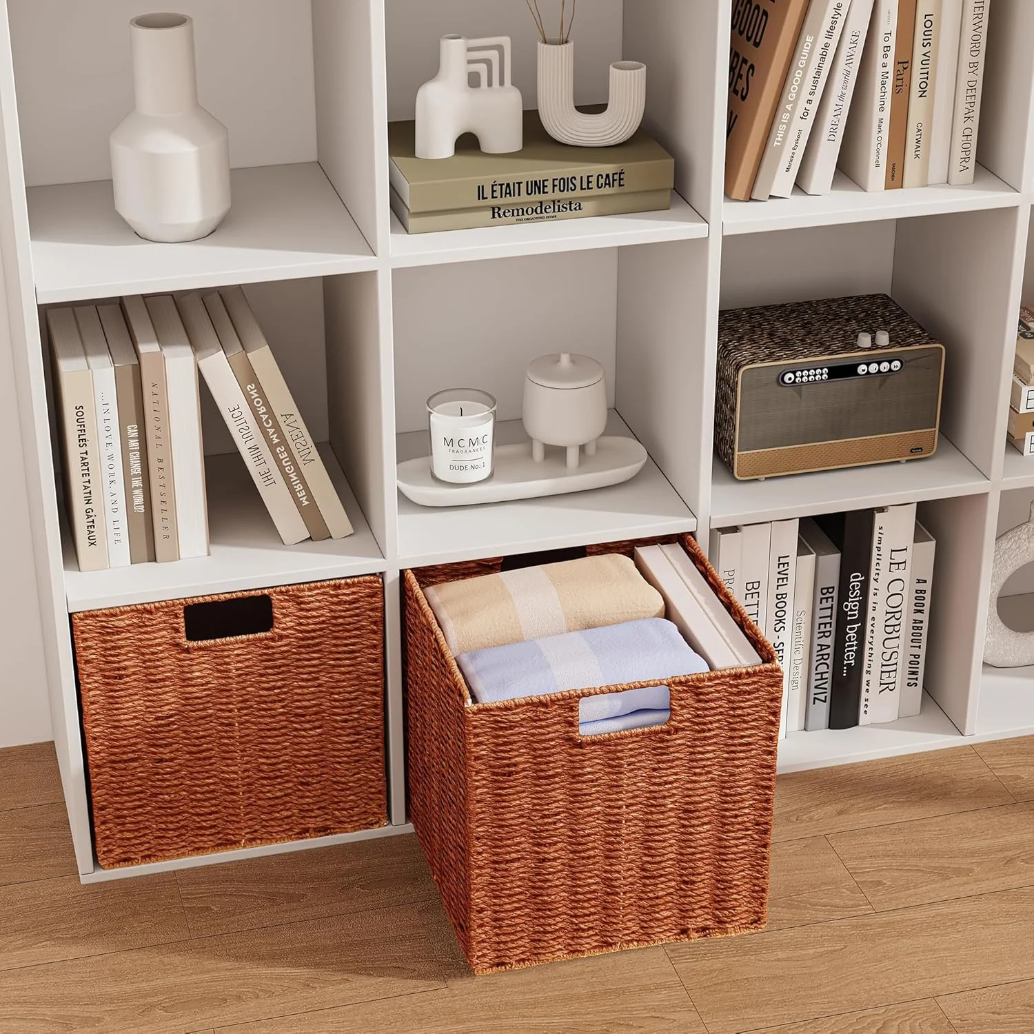 Wicker Storage Basket, Set of 2 Hand-Woven Paper Rope Wicker Baskets, Foldable Cube Storage Bins, 11 inch Storage Basket