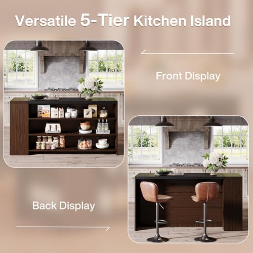 Tribesigns 55" Kitchen Island with Storage, Farmhouse 5-Tier Stationary Island Table with 5 Shelves