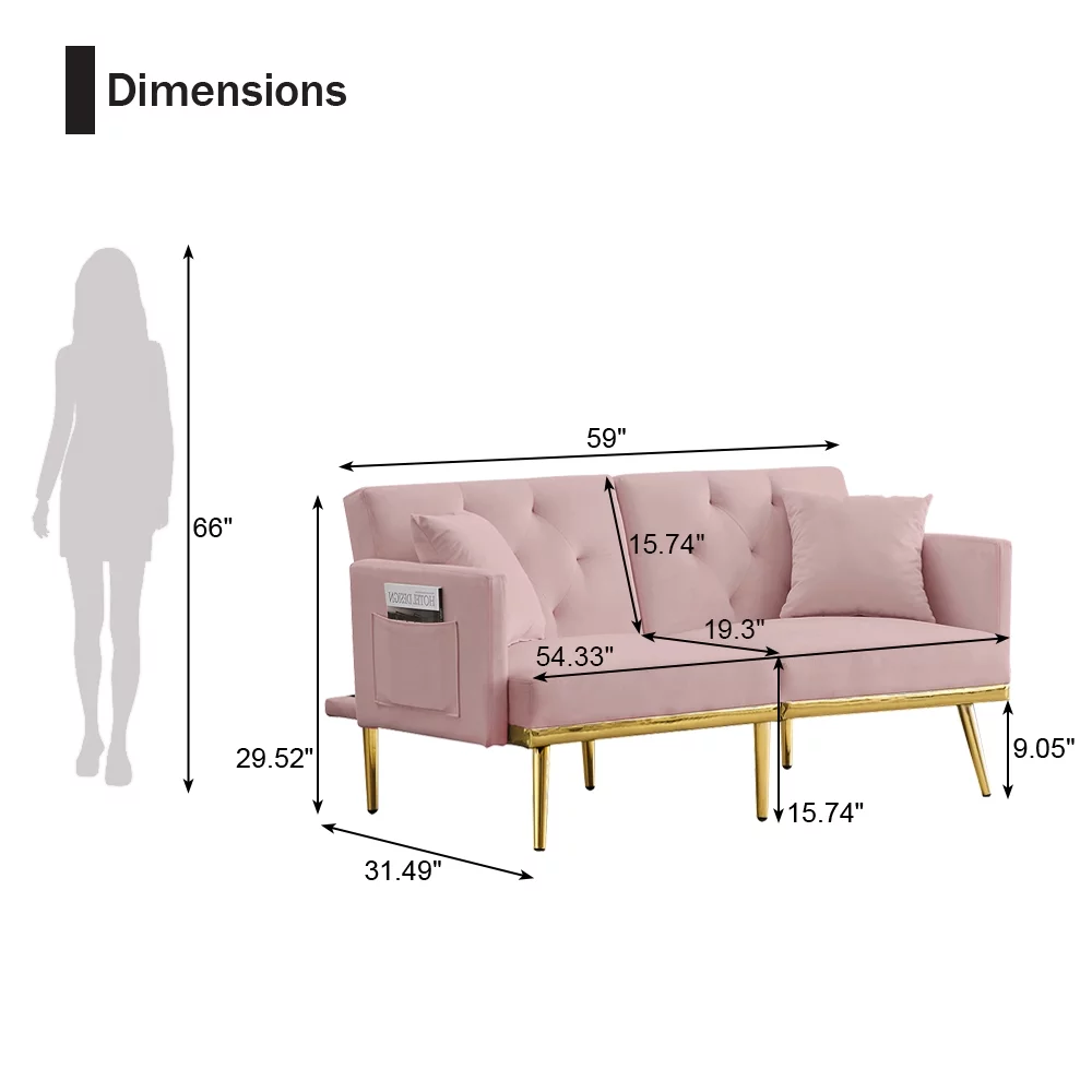 Pink Velvet Futon Couch, Folding Sleeper Sofa, Sofa Couch Bed with 2 Pillows, Modern Upholstered Loveseat Sofa with Gold Metal Legs