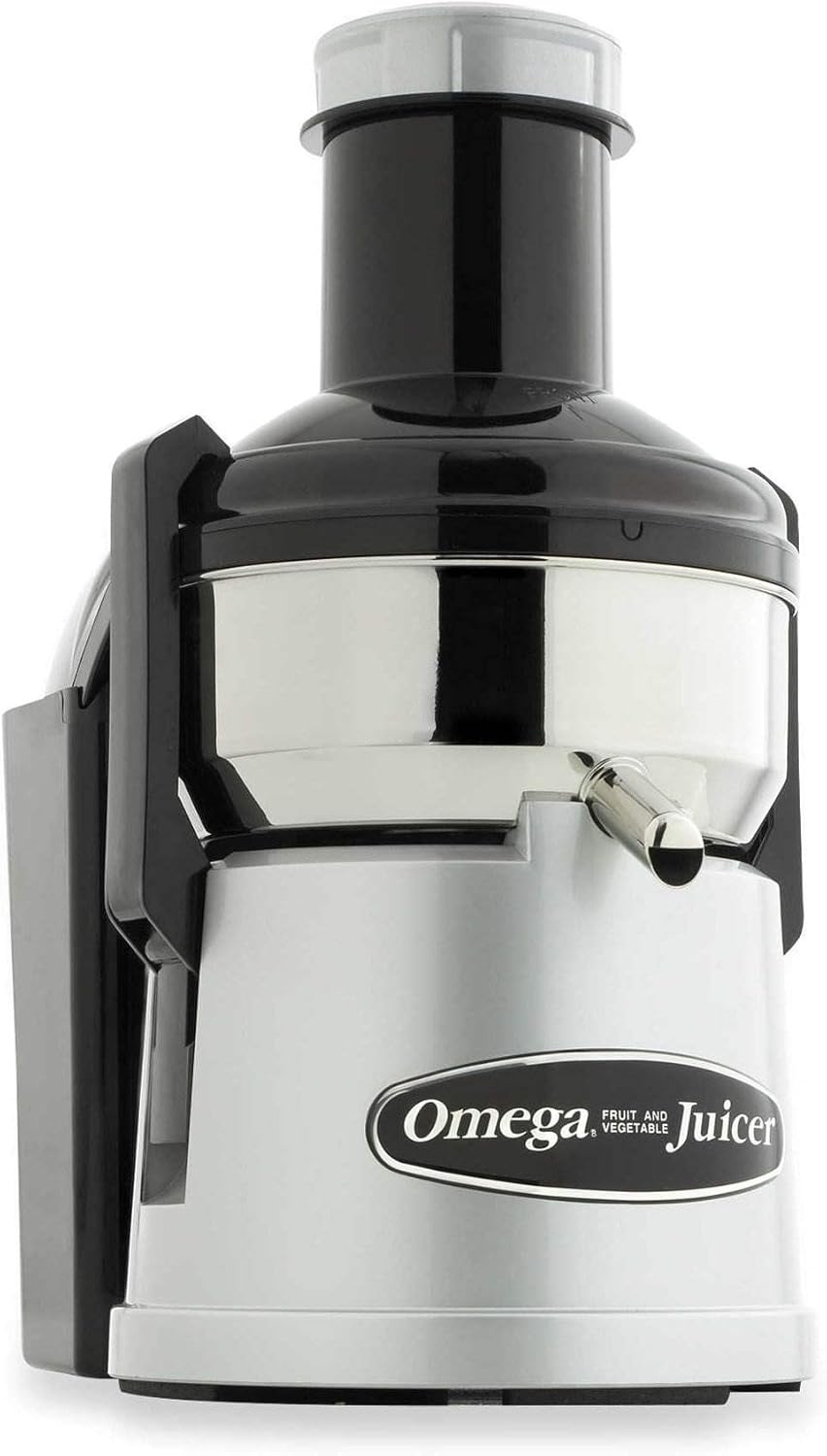Omega BMJ330 Mega Mouth Juicer with Extra Large Feed Chute for Larger Portions of Fruits and Vegetables Ejection with Pulp Catch Bucket, 375W, Silver