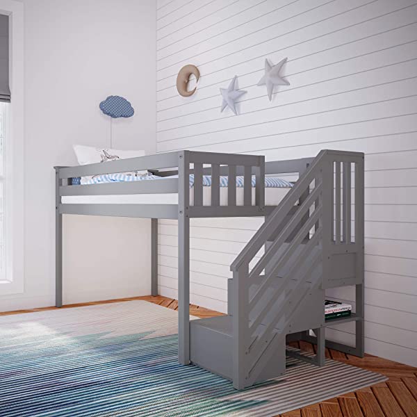 Max & Lily Twin Low Loft Bed with Staircase, White White Low Loft + Staircase Bed