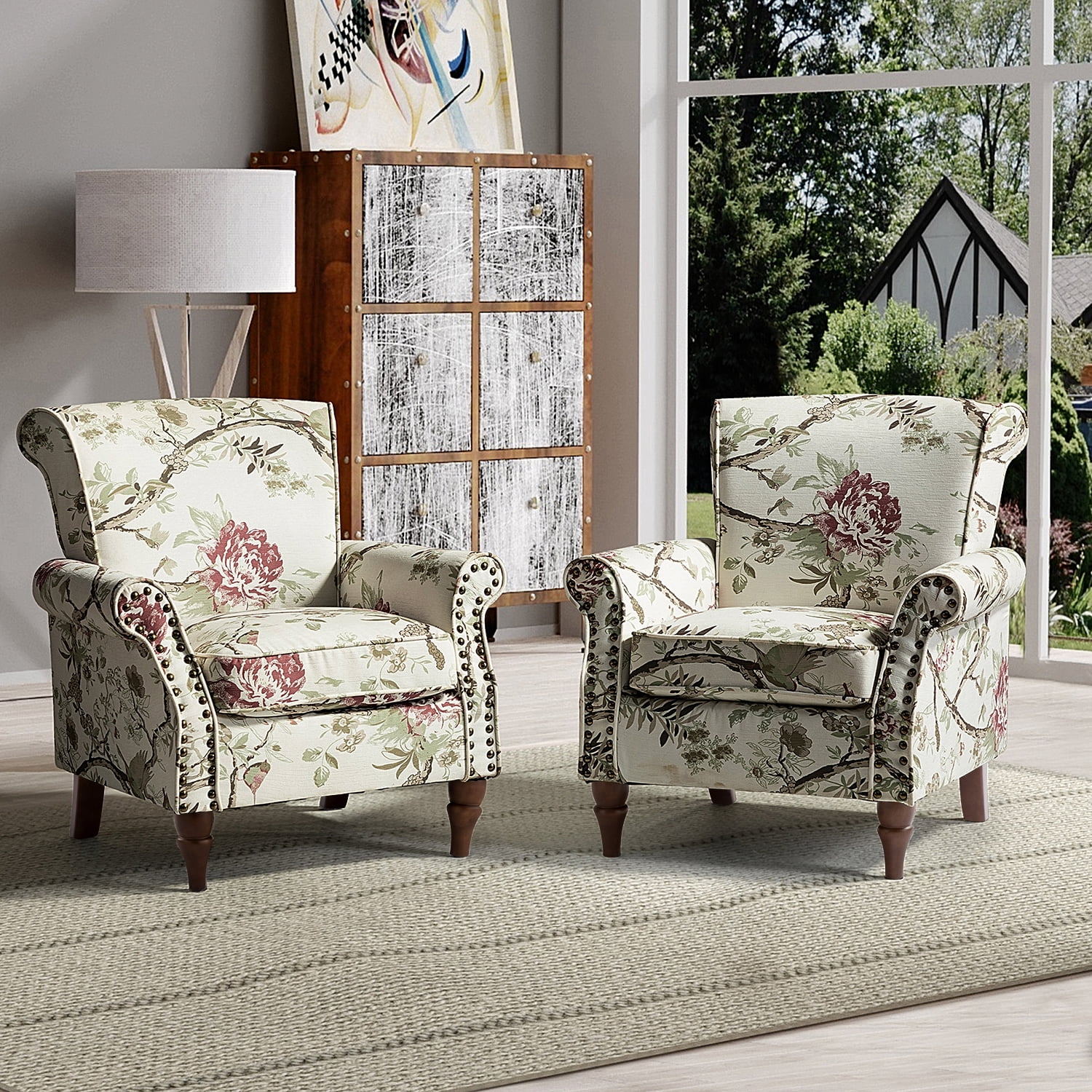 Wooden Upholstered Accent Chair Set of 2 with Removable Cushion Armchair Wingback Floral Lounge Sofa Set Nailhead Trim Floral - Radiant Selections