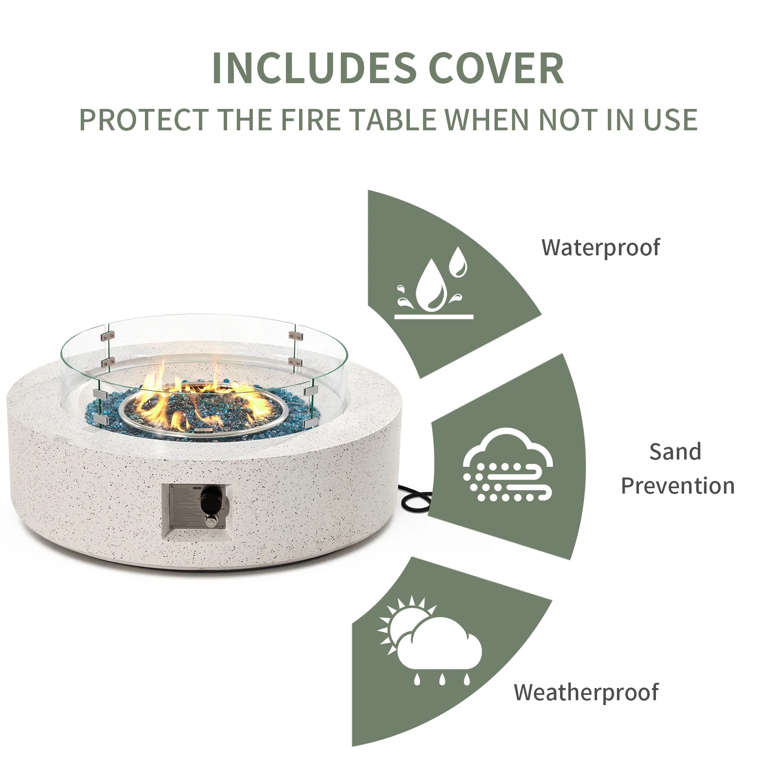 COSIEST Outdoor Propane Fire Pit Coffee Table w Terrazzo White 40.5-inch Round Base Patio Heater, Wind Guard, Aqua Blue Fire Glass, Rain Cover