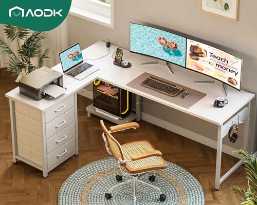 AODK L Shaped Gaming Desk with 4 Drawers, 61" Reversible Home Office Desks with Power Outlets