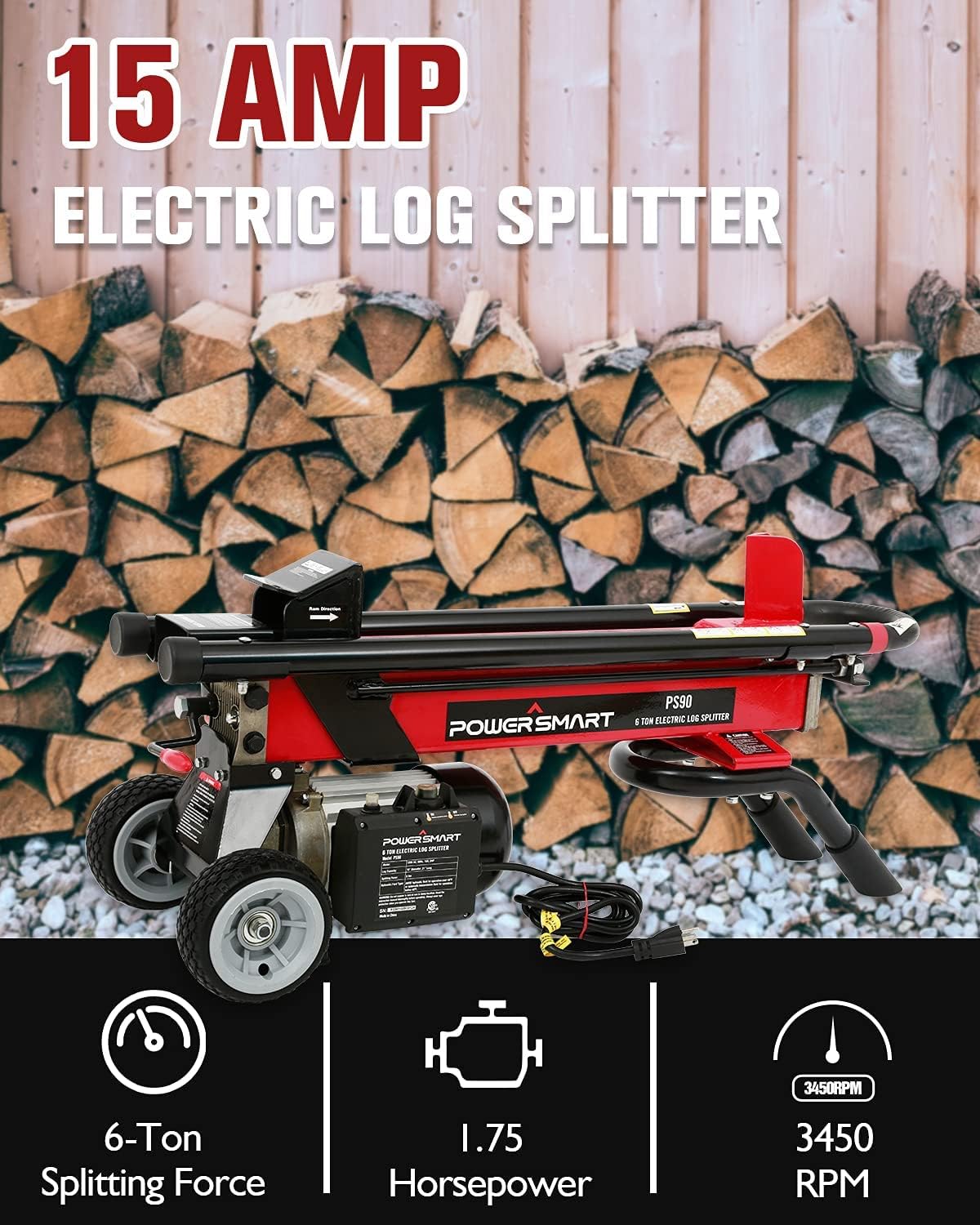 PowerSmart Log Splitter Electric, 6-Ton Hydraulic Log Splitter, 15 Amp Electric Log Splitter, Electric Wood Splitter