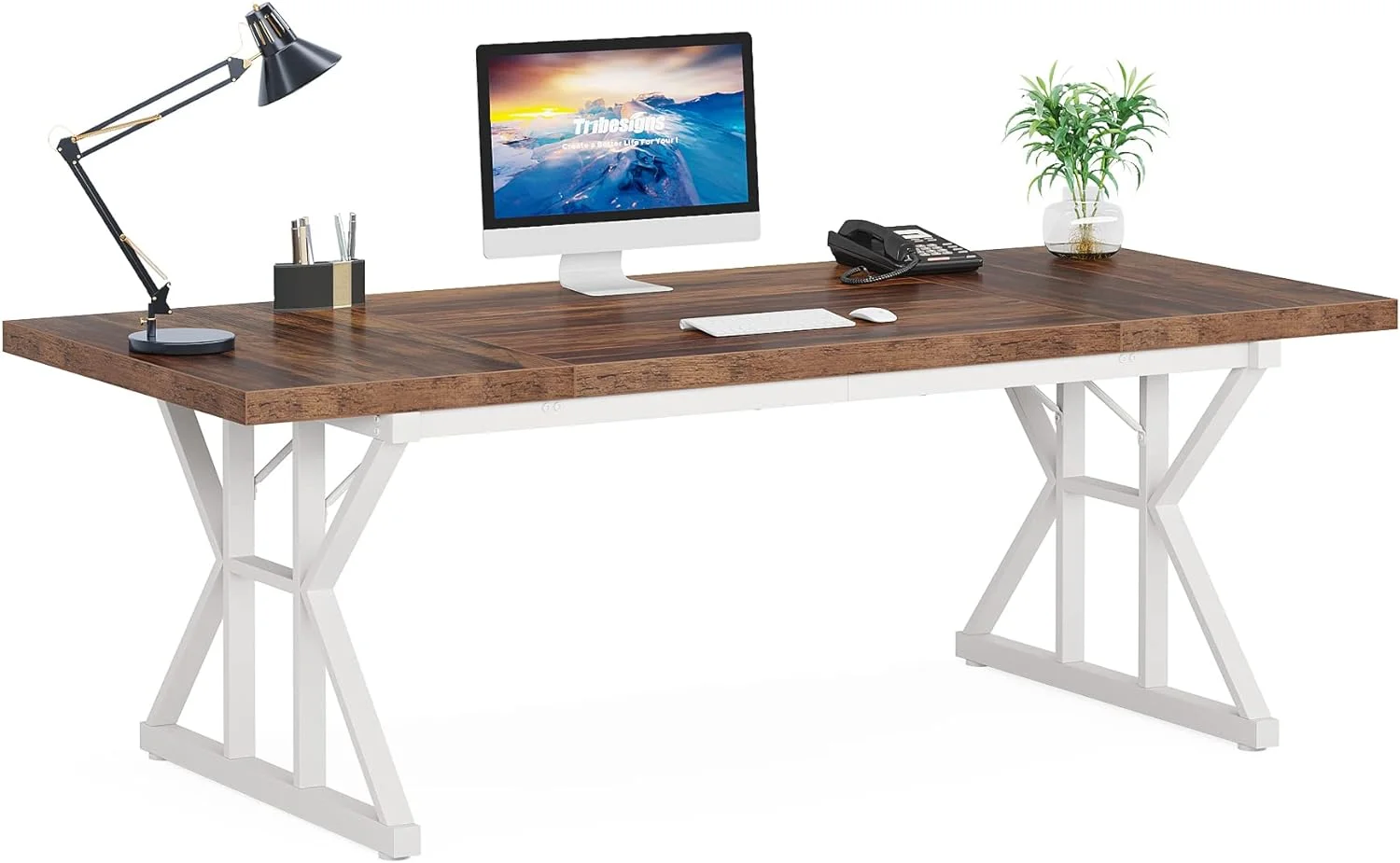 Tribesigns 71" Executive Desk, Large Computer Desk Study Writing Table for Home Office (Brown/White) - Curated Treasures Market