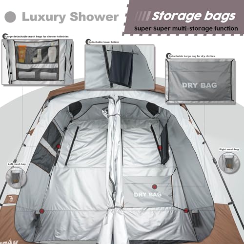 Camping Shower Tent Deluxe Changing Room Easy Set Up Privacy Shelter,Large Toilet Tent 2 Rooms with Floor Drain Design for Beach, Camping