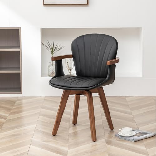 LUNLING Swivel Dining Chairs Set of 2, Mid Century Modern Gray Fabric+Faux Leather Kitchen Chairs with Arms,Bamboo Legs Side Chairs No Wheels