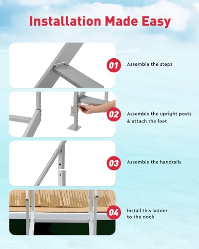 CO-Z 4 Step Dock Ladder, Pontoon Boat Ladder with 500lb Load, Height Adjustable Swim Ladder with Wide Step & Nonslip Tread