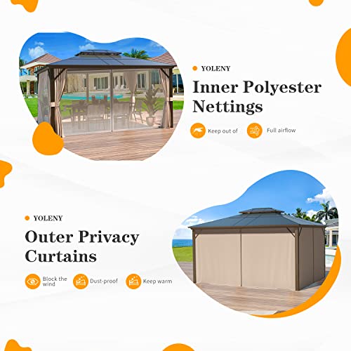 YOLENY 10'x13' Hardtop Gazebo, Outdoor Polycarbonate Double Roof Canopy, Aluminum Frame Permanent Pavilion with Curtains and Netting