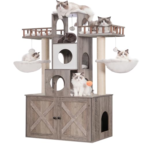 Heybly Cat Tree with Litter Box Enclosure for Indoor Big Cat, Cat Tower for Large Cats 20 lbs Heavy Duty